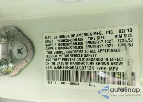 2010 Honda Cr-V Ex z USA, uszkodzony, nr VIN 5J6RE4H50AL037124